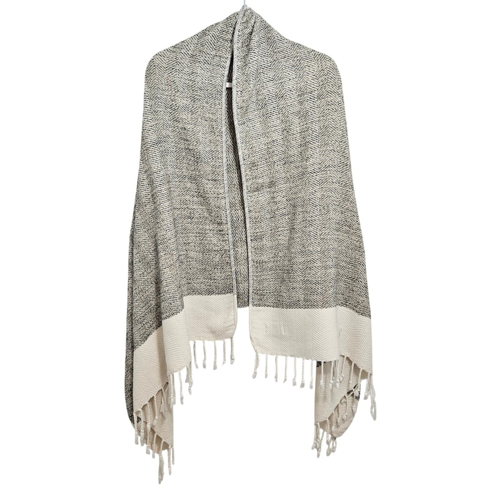 Smyrna Turkish Cotton Blanket Wrap Shawl Black Cream Fringe 35x67